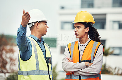 Buy stock photo Supervisor, engineering and angry with people on construction site for project management, building and mistake. Designer, stress and architecture with contractor shouting for review and frustrated