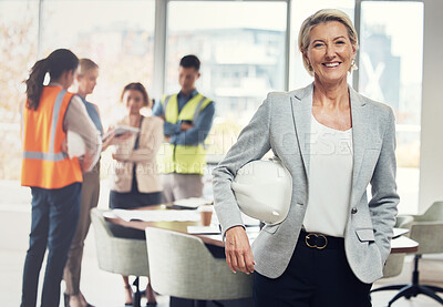 Buy stock photo Portrait, construction worker and manager with an engineer woman at work in her architecture office. Industry, design and building with a female architect leader working on a development project