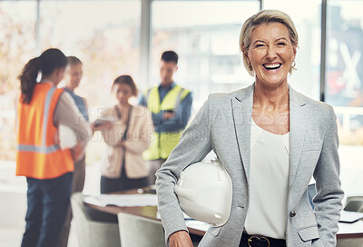 Buy stock photo Portrait, construction worker and leader with an engineer woman at work in her architecture office. Industry, design and building with a ceo architect manager working on a development project