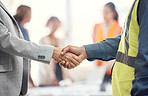 Teamwork, partnership and engineering with handshake of people in office for architecture, b2b and contract. Deal, meeting and shaking hands with employee for designer, construction and agreement