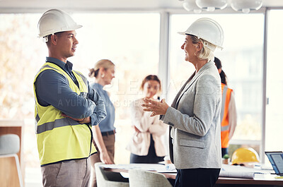 Buy stock photo Construction team, architecture meeting and engineer collaboration with industrial worker group. Real estate, building management and employee communication of property development employees