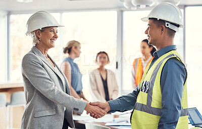 Buy stock photo Collaboration, happy and engineering with handshake of people in office for architecture, b2b or contract. Partnership, meeting and shaking hands with employee for designer, construction or agreement