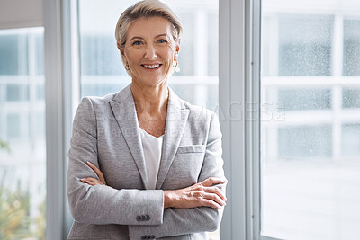 Buy stock photo Business woman, portrait or arms crossed by window in corporate financial, investment company or insurance office. Smile, happy or confident mature ceo in about us with success mindset for management