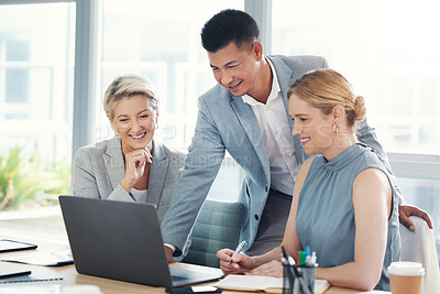 Buy stock photo Business people, laptop or teamwork meeting in office boardroom planning, global finance or investment strategy. Smile, happy or corporate financial collaboration on technology for diversity growth