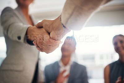 Buy stock photo Handshake, hiring and contract with people in office for collaboration, teamwork and thank you. Meeting, B2B and welcome with employee shaking hands for partnership, networking and job promotion