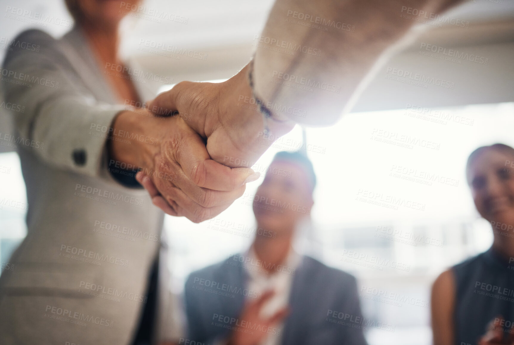 Buy stock photo Handshake, hiring and contract with people in office for collaboration, teamwork and thank you. Meeting, B2B and welcome with employee shaking hands for partnership, networking and job promotion