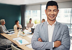 Leadership, portrait and businessman with crossed arms in the office in meeting with colleagues. Corporate, management and professional male manager standing with confidence in boardroom in workplace