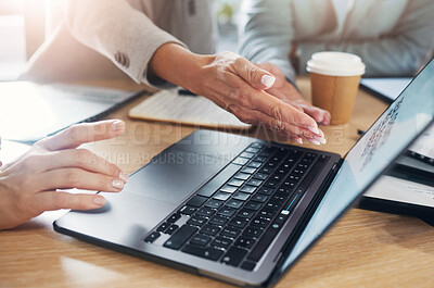 Buy stock photo Hands, team and laptop for planning, research and creative collaboration by women in an office. Business people, design and meeting for online project, proposal and teamwork, strategy and review