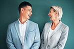 Mockup, business people and happy team in studio for fun, laughing and conversation on green background. Marketing, partnership and man with senior woman with humor, joke or discussion while isolated