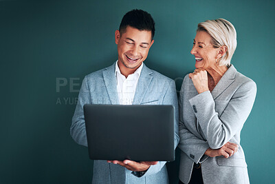 Buy stock photo Laptop, teamwork and planning with a business team in studio on a green background for strategy. Computer, collaboration or management with a man and woman working on growth as company leadership