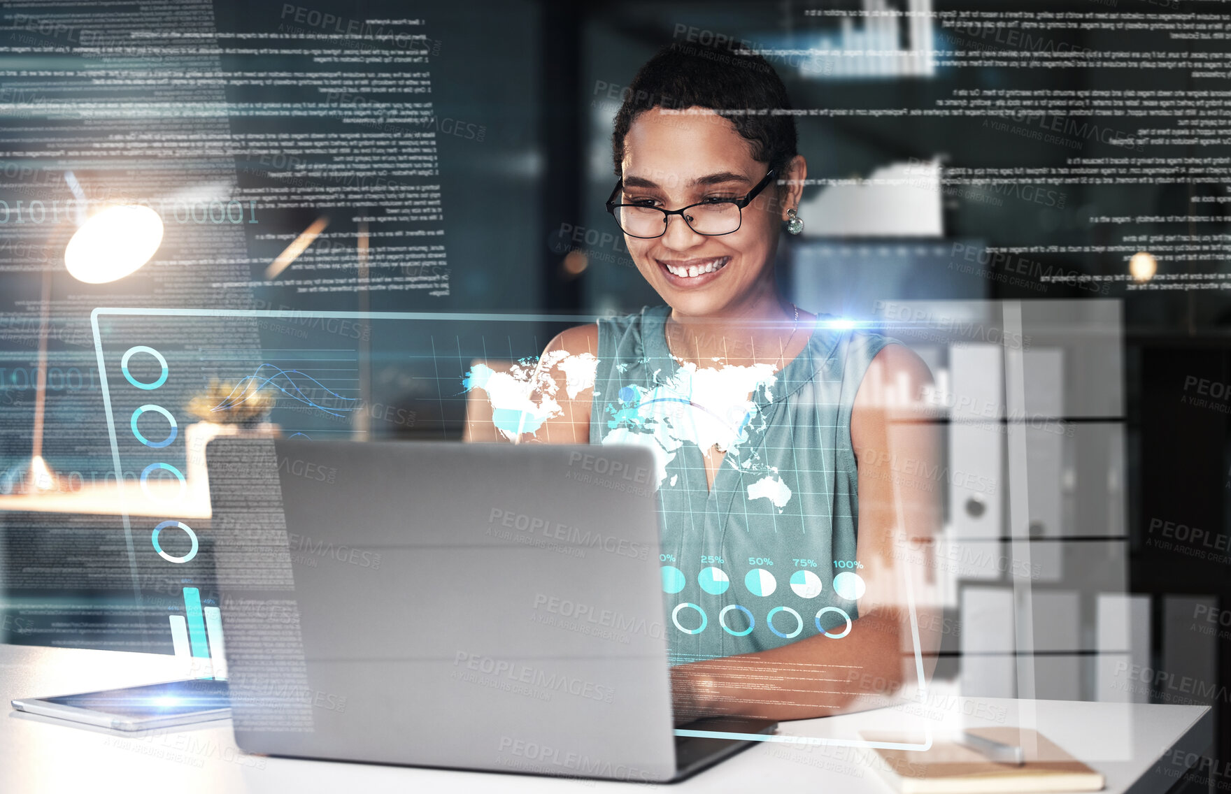 Buy stock photo Laptop, hologram overlay and business woman in office with night dashboard or global map. Futuristic, technology and happy female employee with computer, cyber statistics or graphs, data or 3d charts