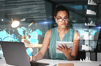 Buy stock photo Black woman with tablet, laptop and data overlay for erp innovation, research and programming in future technology. Futuristic global analytics, it software and developer for startup business website