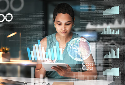 Buy stock photo Black woman with tablet, erp data hologram and innovation, research and programming in future information technology. Futuristic network, analytics and developer for startup business website software