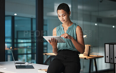 Buy stock photo Business, black woman and tablet in office, focus and digital planning for growth, startup and sales. Corporate, African American female employee and manager with device, idea and website launch