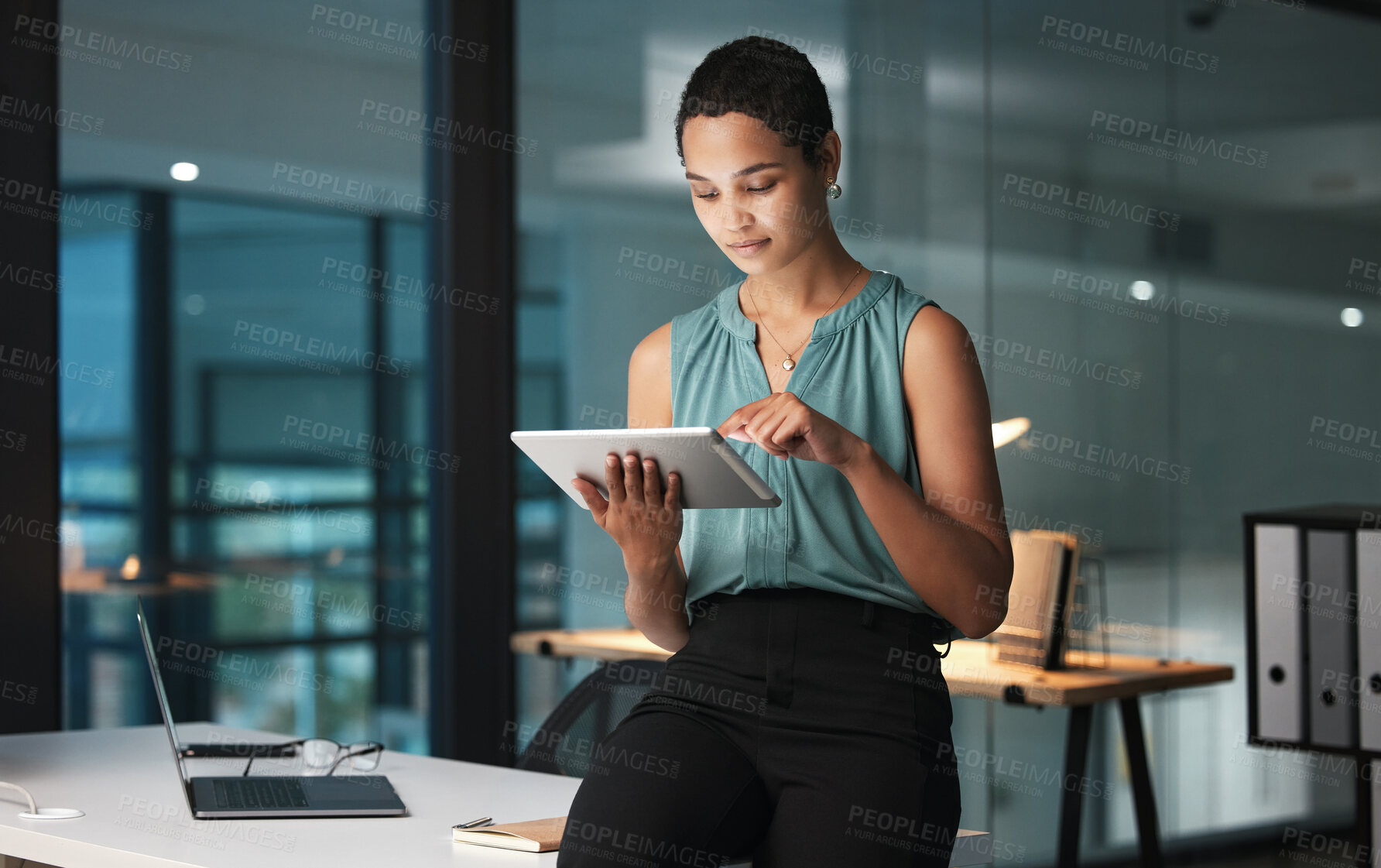 Buy stock photo Business, black woman and tablet in office, focus and digital planning for growth, startup and sales. Corporate, African American female employee and manager with device, idea and website launch
