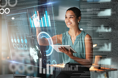 Buy stock photo Black woman with tablet, smile and dashboard overlay for erp data innovation, research and programming in future technology. Futuristic analytics, IT management and startup business website software.