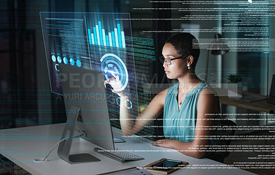 Buy stock photo Computer hologram, finance or woman point at future administration dashboard, research chart or ui software. Digital transformation, cloud computing overlay or African accountant review data analysis