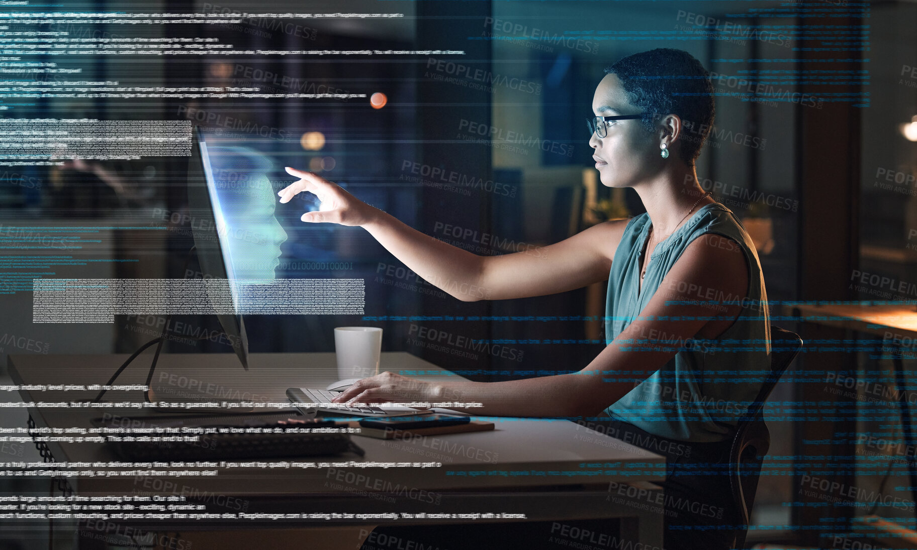 Buy stock photo Ai, computer and night with black woman in office for facial recognition, augmented reality and matrix overlay. Digital transformation, cybersecurity and futuristic with employee for data or software