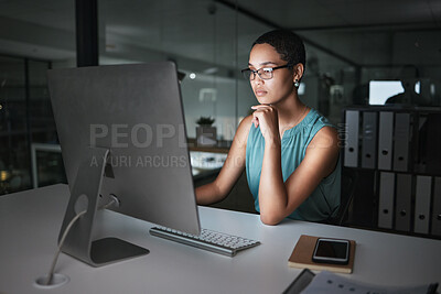 Buy stock photo Computer, thinking and night woman reading finance portfolio, stock market database or review ecommerce feedback. Forex investment idea, data analysis or African trader trading NFT, bitcoin or crypto