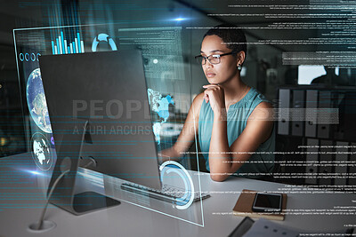 Buy stock photo Computer hologram hud, thinking and woman review data analysis of earth communication, world networking or chart. Future night overlay, planet ui hud or African person work on global network software