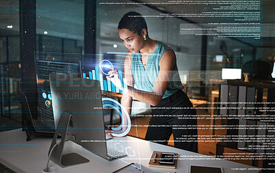 Buy stock photo Computer, hologram hud or business woman pointing at future administration ui, network research chart or graph. Digital transformation dashboard, night overlay or African person work on data analysis
