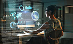 Computer, global analytics hologram or woman review finance data, stock market database or futuristic overlay. Forex investment hud, ecommerce back view or night trader trading NFT, bitcoin or crypto