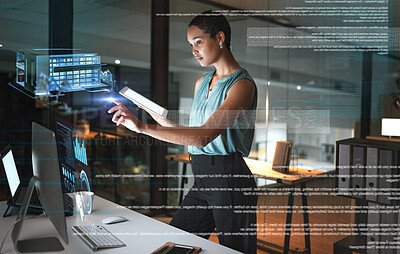 Buy stock photo Tablet, 3d hologram and business woman in office with house or building model at night. Futuristic, technology and female employee with digital touchscreen, cyber mockup and overlay, graphs or data.