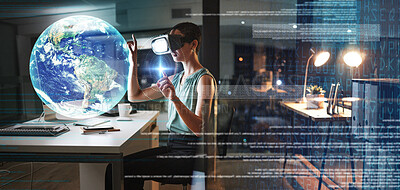 Buy stock photo Woman, office and night with vr headset, hologram earth or web design planning for global cybersecurity. Developer, augmented reality glasses or futuristic cloud computing at desk with software globe