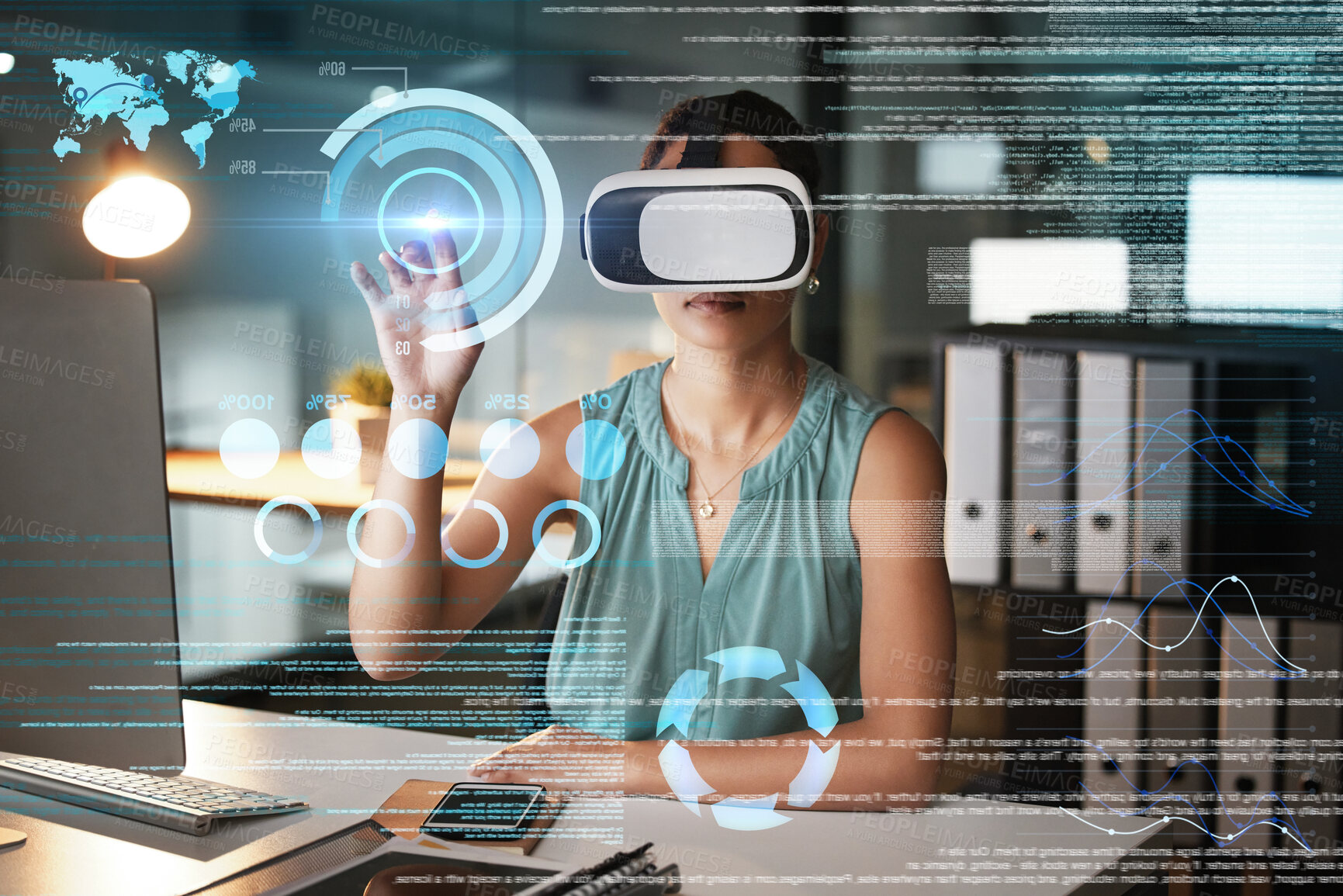 Buy stock photo Metaverse, vr and business woman in virtual reality exploring cyber world in office at night. Futuristic, overlay technology and female employee with digital headset with 3d software for data graphs.