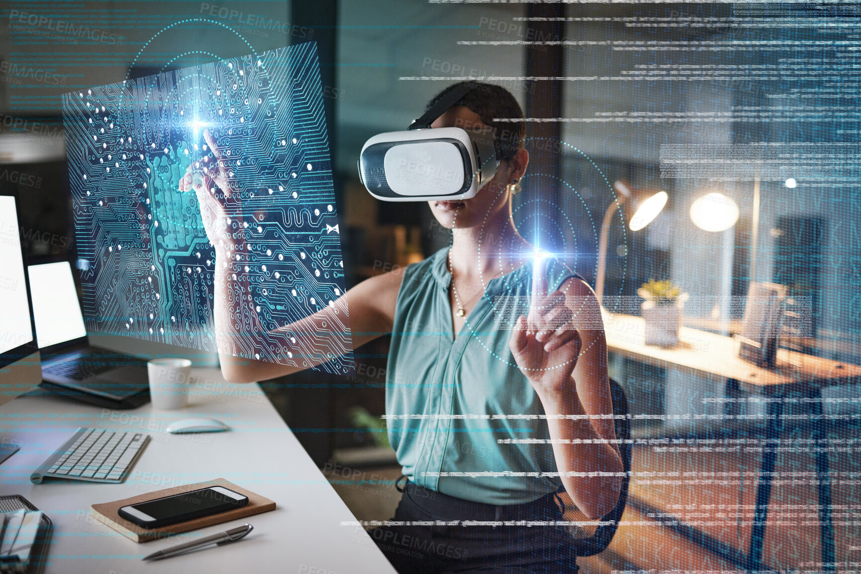 Buy stock photo Woman, coding and night with vr double exposure, hologram graphic or web design planning for cybersecurity. Developer, augmented reality glasses or future cloud computing at office with metaverse ux