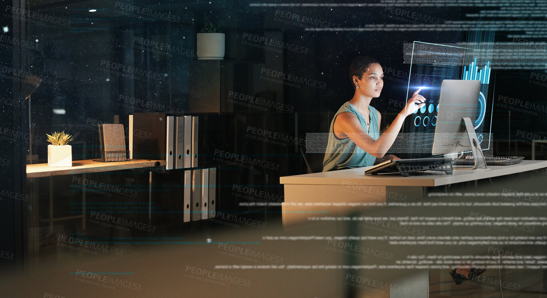 Buy stock photo Computer, hologram hud and office woman pointing at future dashboard, ui chart or administration software. Digital transformation, night overlay mockup and black woman focus on fintech data analysis