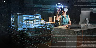 Buy stock photo Engineering, architecture overlay or woman in virtual reality or vr for a 3d house model in office at night. Home, metaverse technology or designer designing a futuristic digital online innovation