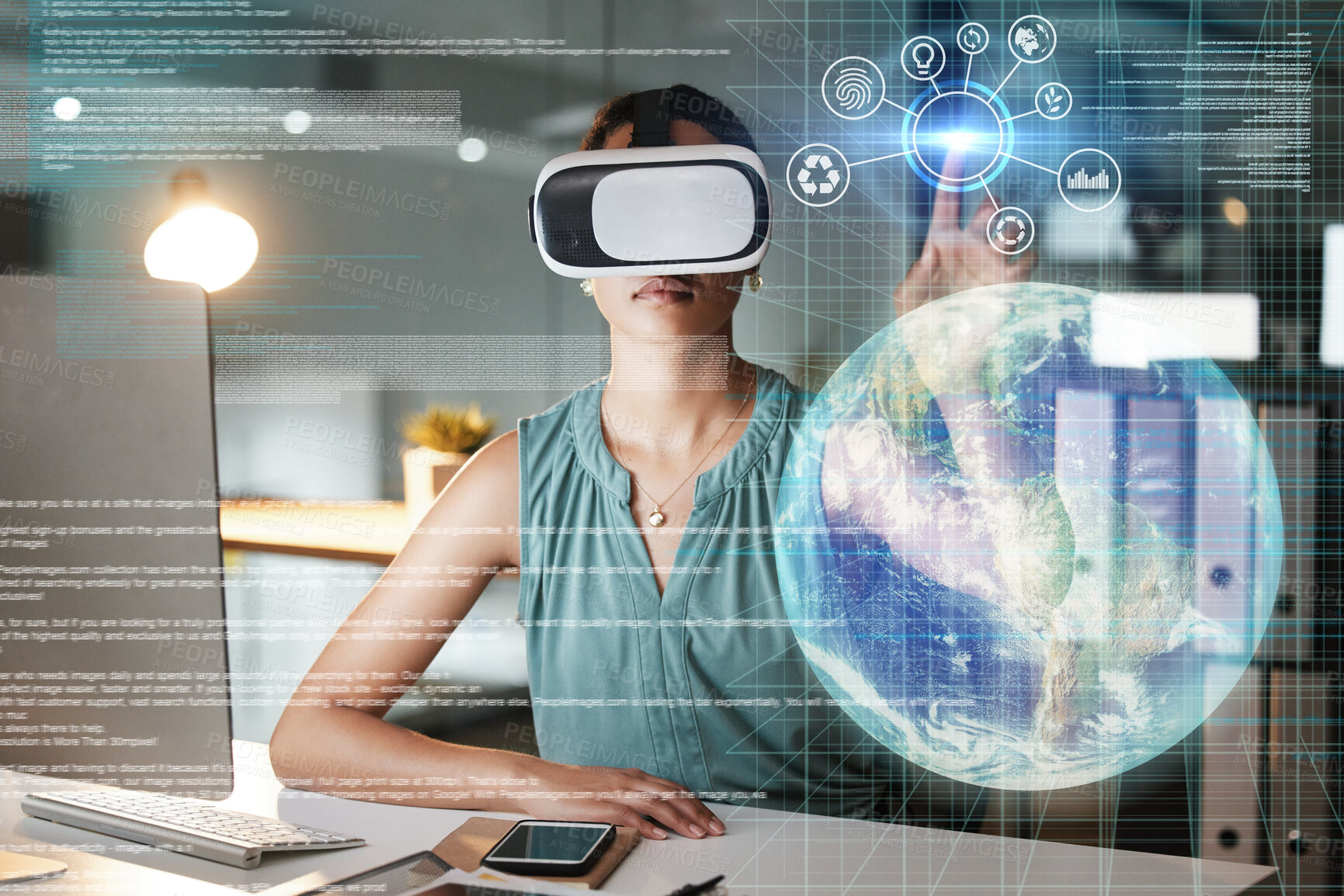 Buy stock photo Global network, globe overlay or woman in virtual reality or vr glasses for 3d ai or iot experience in office. Metaverse technology or person networking with a futuristic digital online innovation