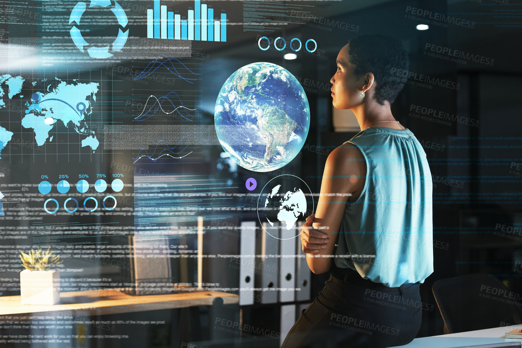 Buy stock photo World, night and overlay with a business black woman using an ai or ux interface to access the metaverse of data. Digital, future and information with a global network working on a 3d hologram