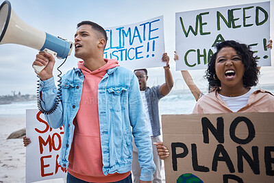 Buy stock photo Protest, environment and climate change with man and megaphone on beach for nature, earth day and action. Global warming, community and stop pollution with activist for justice, support and freedom