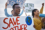Climate change, protest poster and black man scream for freedom movement. Angry, crowd screaming and young people by the sea with world support for global, social and equality action at the beach