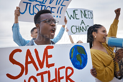 Buy stock photo Climate change, protest poster and black man scream for freedom movement. Angry, crowd screaming and young people by the sea with world support for global, social and equality action at the beach