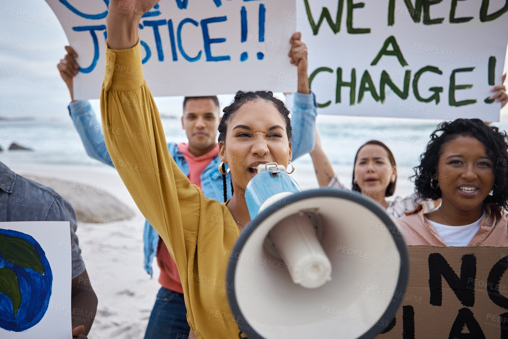 Buy stock photo Protest, climate change and black woman with megaphone, fight for freedom with voice, movement and environment rights. Politics, angry people on beach for activism and solidarity with saving planet