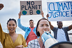 Megaphone, climate change protest and Asian woman with crowd at beach protesting for environment and global warming. Save the earth, group activism and people shouting on bullhorn to stop pollution.