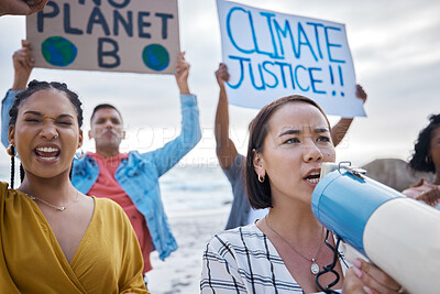 Buy stock photo Megaphone, climate change and Asian woman protest with crowd at beach protesting for environment and global warming. Save the earth, group activism and people shouting on bullhorn to stop pollution.