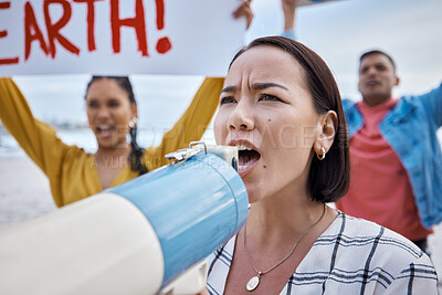 Buy stock photo Asian woman, climate change and megaphone protest with crowd protesting for environment and global warming. Save the earth, activism and angry female shouting on bullhorn to stop beach pollution.