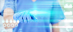 Woman, doctor or hand on hologram overlay database for future healthcare, medicine or innovation information technology. Employee in futuristic medical dashboard communication, networking or software