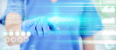 Buy stock photo Woman, doctor or hand on hologram double exposure for future healthcare, medicine or innovation information technology. Employee in futuristic medical dashboard, database or networking software