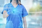 Woman, doctor and hands with global hologram for futuristic healthcare, life insurance or double exposure mockup. Hand of medical female expert touch 3D map on overlay for future medicare development