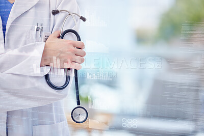 Buy stock photo Doctor, hands and stethoscope with arms crossed on mockup for healthcare, life insurance or service. Hand of medical expert GP in cardiology for professional medicare assurance on overlay