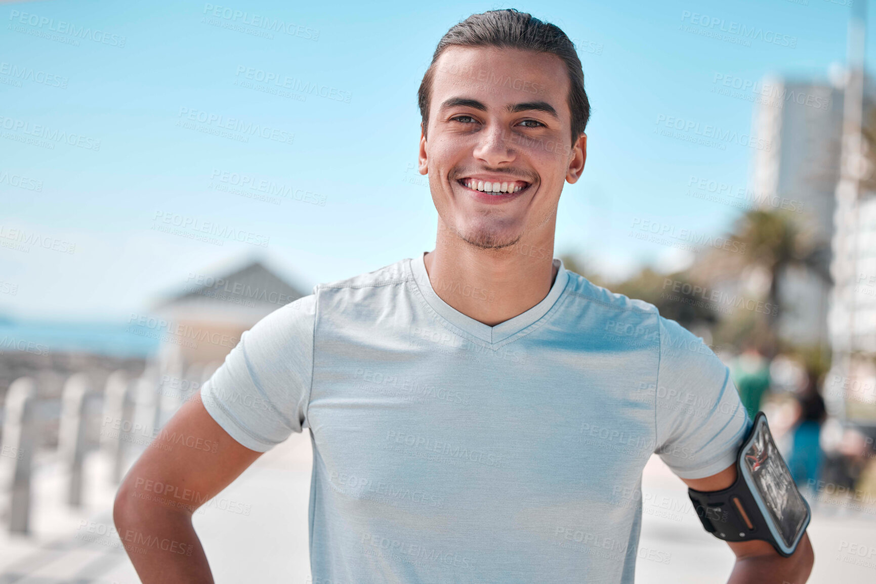 Buy stock photo Fitness, exercise and portrait of man with smile ready to start workout, training and cardio warm up. Sports, motivation mindset and male athlete in Miami for wellness, healthy lifestyle and running