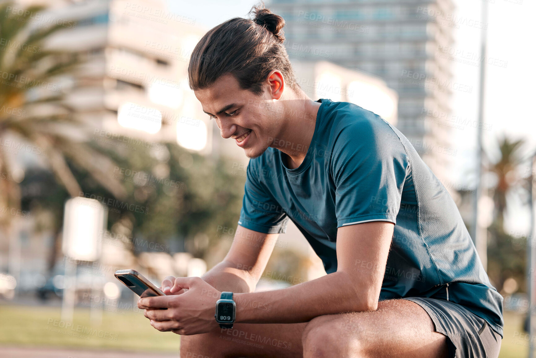 Buy stock photo Phone, fitness and man in city for workout, exercise and internet search on social media for health tips. Urban sports guy with smartphone, mobile typing and check wellness goals on digital tech app 
