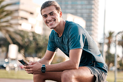 Buy stock photo Phone, fitness and portrait of man in city for workout, exercise app and internet search on social media. Urban sports guy with smartphone, smile and mobile typing to check wellness goals on 5g tech