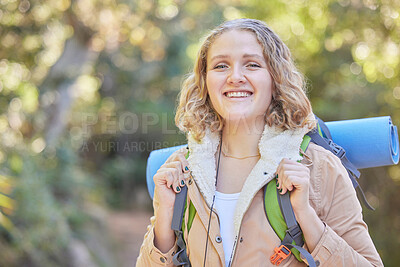 Buy stock photo Hiking, smile and portrait of woman with backpack, sun and freedom, hiker on trekking adventure in nature. Health, fitness and camping, happy face of gen z person on hike in mountain or forest of USA