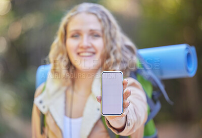 Buy stock photo Mockup phone screen, hand or woman hiking in nature or forest with mobile app, product placement or 5g technology promotion. Travel, happy girl holding smartphone for advertising or marketing space